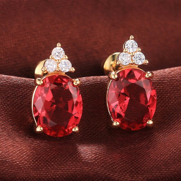 Beautiful Big Red Oval Zircon 14K Gold Plated Stud Earrings for Women, VP1022 - Picture 1 of 2